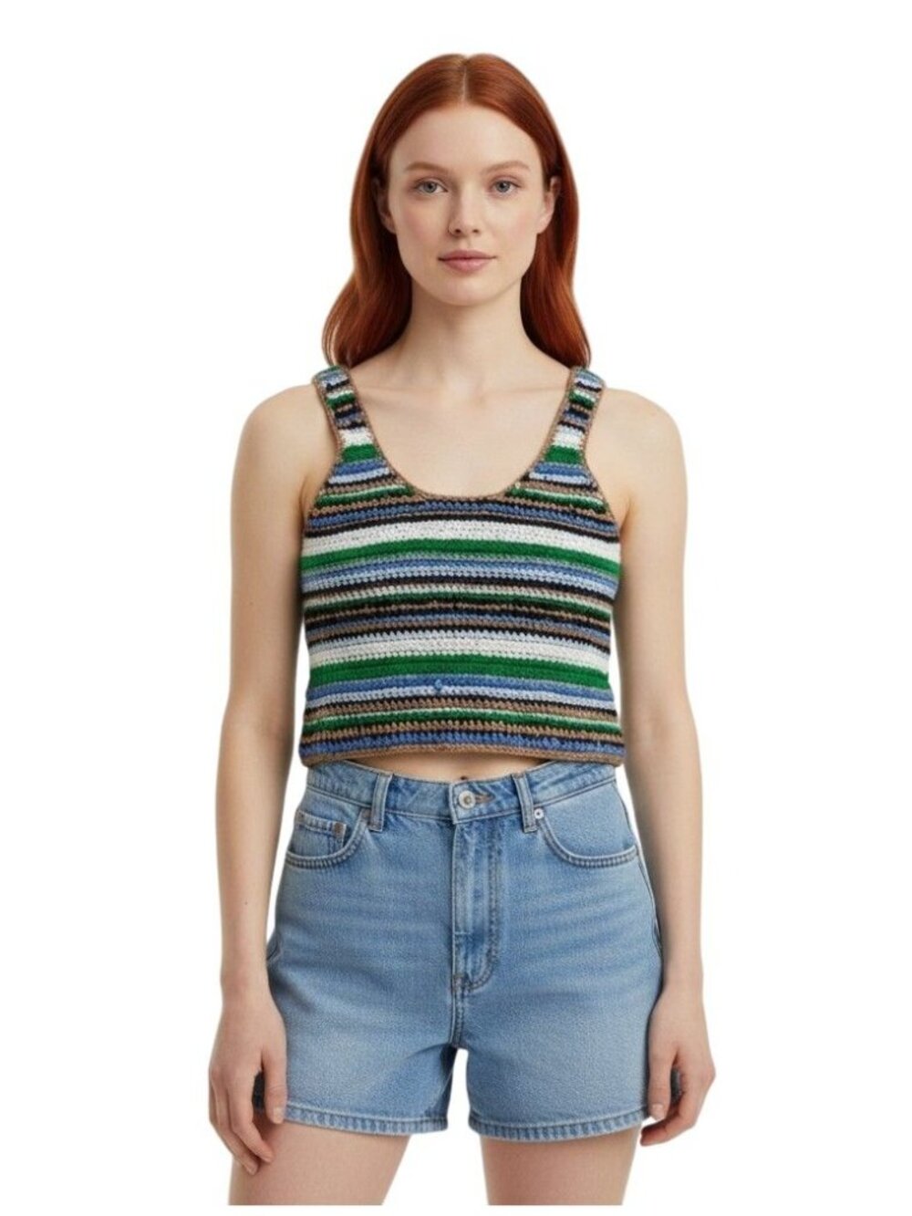 Frame Women's Tank Top S Cashmere Blend Green Striped Hand Crochet Knit Summer
